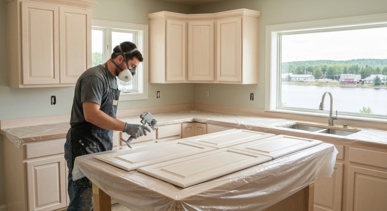 Maple cabinet doors being sprayed white in a Sturgeon Falls kitchen with the Sturgeon River visible through the window