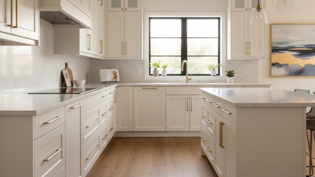 Modern kitchen cabinets sprayed in factory-smooth soft white
