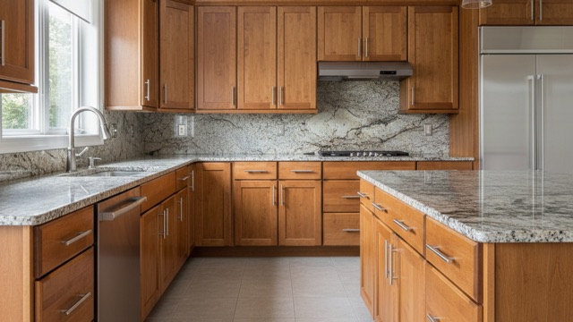 Solid maple kitchen cabinets refinished with rich wood-grain stain
