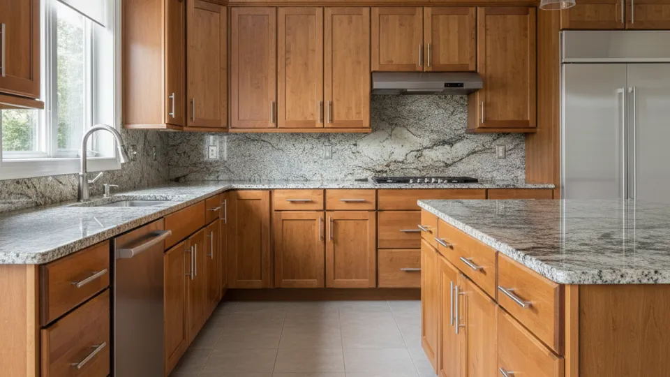 Solid-oak Powassan kitchen cabinets after refinishing with Renner clear conversion varnish, grain visible, on a Highway 11 corridor home south of North Bay