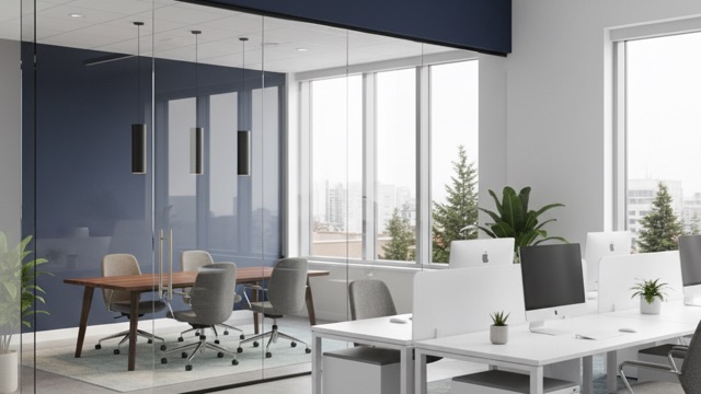 Modern open-plan office with freshly painted navy accent wall