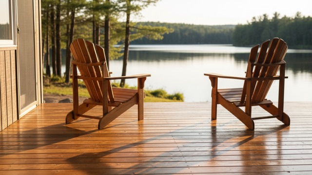 Freshly stained cedar deck at a Canadian cottage by a lake