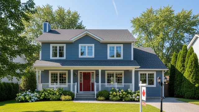 Two-storey suburban home freshly painted in soft navy with white trim