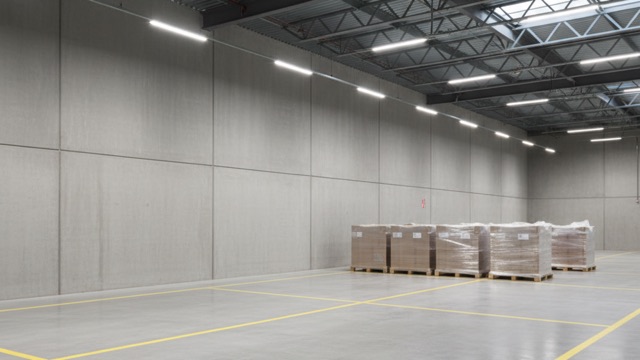 Modern warehouse interior with painted yellow safety floor lines