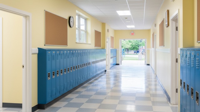 Bright school hallway with freshly painted walls
